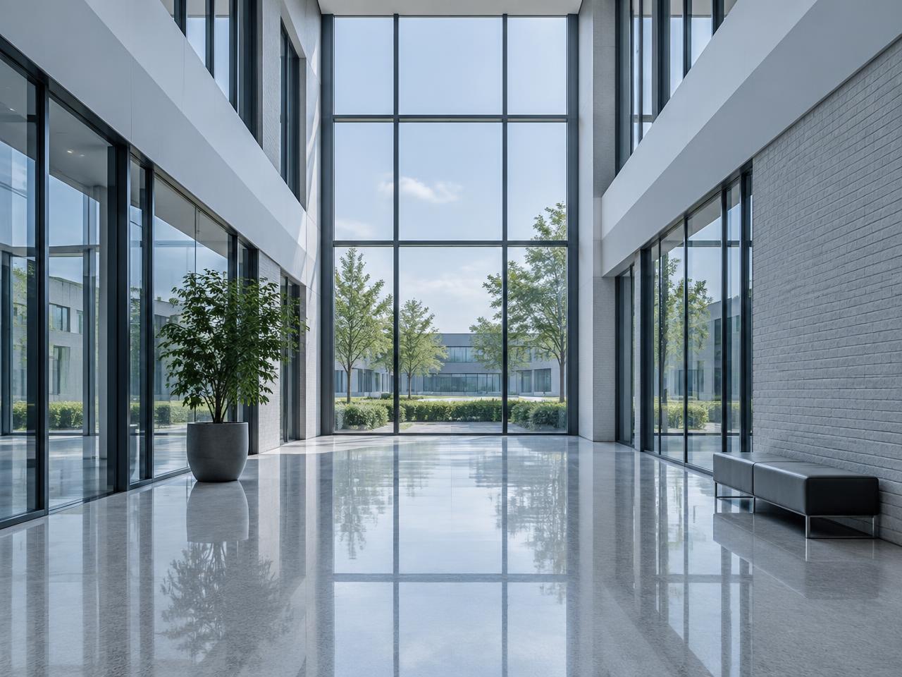 Brandschoon modern kantoorinterieur met glazen wanden, glanzende vloer en veel daglicht